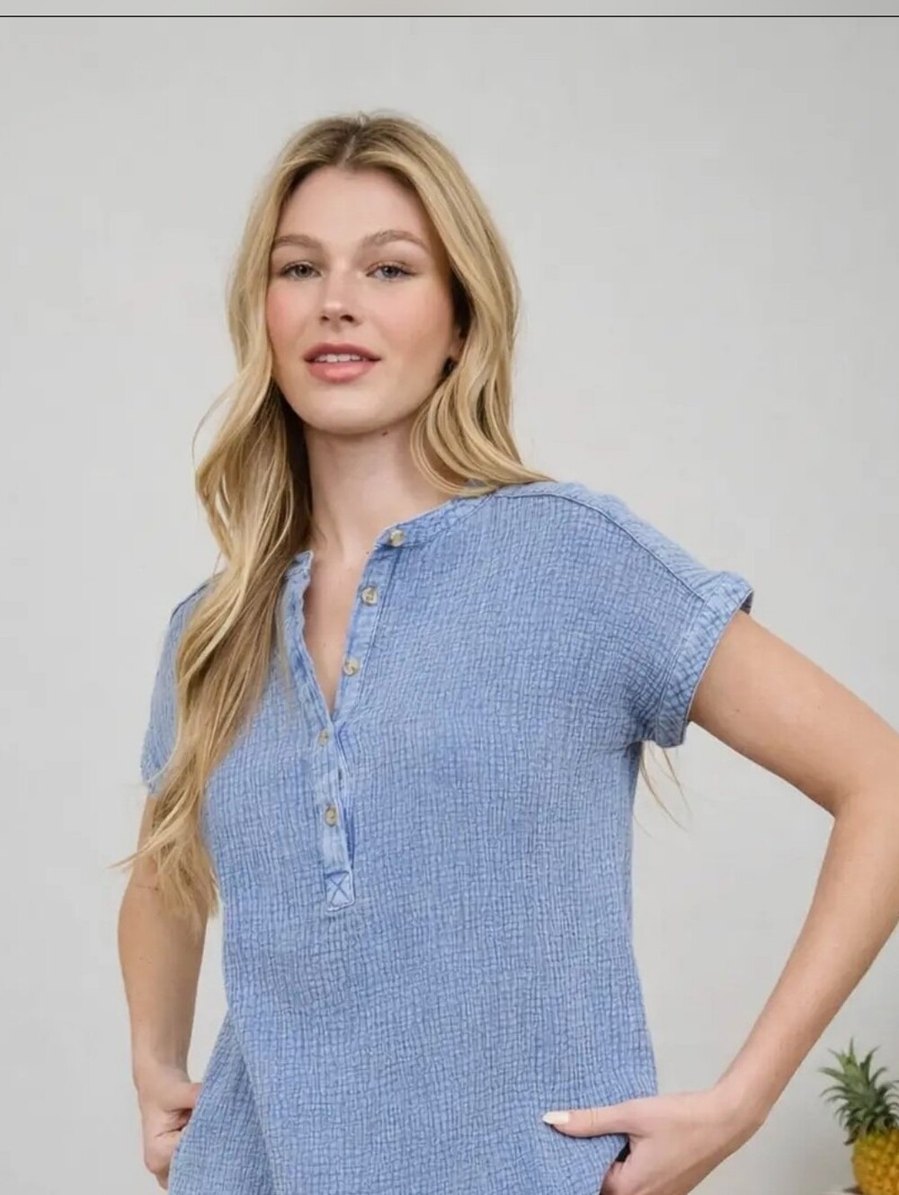Light Blue Textured Short Sleeve Henley Top